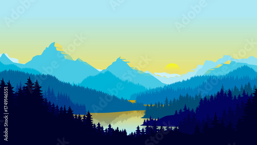 Light Blue Mountain Landscape with Clear Sky and Calm Valley