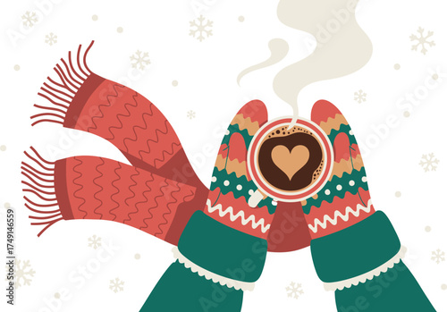 Cozy up this winter with a steaming cup of love and warmth, hands bundled in mittens holding hot cocoa, a festive scarf, and falling snow
