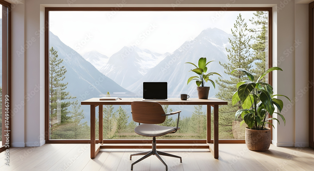 Fototapeta premium A modern office space with a large window overlooking a scenic mountain landscape.