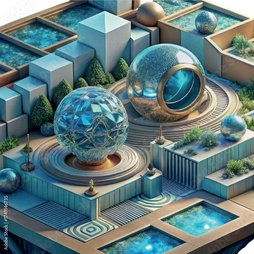 Geometric Dreamscape: A captivating digital artwork presents an imaginative architectural composition, featuring interconnected geometric shapes, crystal spheres.
