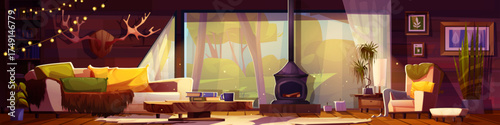 Cozy living room in wooden chalet. Vector cartoon illustration of house interior with fireplace, books on shelves and table, couch and armchair, carpet on floor, pictures on wall, summer forest view