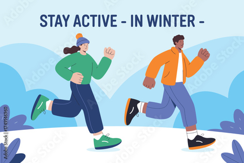 Stay active in winter with friends, vibrant vector art showing healthy lifestyle, fitness motivation, and outdoor fun in a cold weather scene