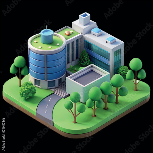 Modern Urban Oasis: A vibrant illustration showcases a modern architectural marvel, a testament to innovative design and sustainable living, with green rooftops, a network of trees.