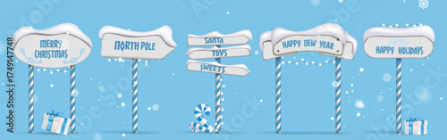 North pole sign set with snowy boards on candy cane posts - Christmas messages, Santa directions and holiday greetings with string lights, gifts and winter decorations. Blue bg with falling snowflakes