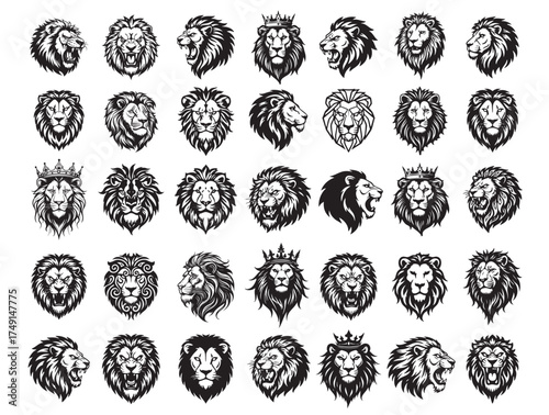 Vector of massive lion head collection, featuring crowns, manes, and regal expressions in various powerful vector styles. Wild Animals.