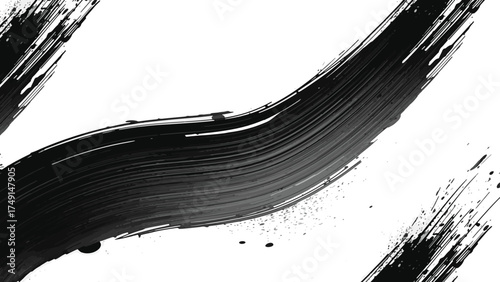 Abstract black ink brush stroke on white background forming a bold curved sweep with splatters and streaks. Expressive, calligraphic, and painterly, conveys motion, energy, and modern minimal drama.  
