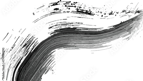 Abstract black ink brush stroke on white background forming a bold curved sweep with splatters and streaks. Expressive, calligraphic, and painterly, conveys motion, energy, and modern minimal drama.  