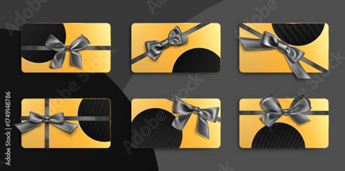 Giftcard collection with satin bow ribbons on gold and black designs for premium vouchers. Different elite gift layouts, fabric decorations and gradient backgrounds. Elegant certificate templates.