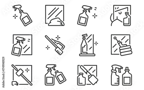Collection of cleaning icons and spray bottles for window washing and surface sanitization silhouette