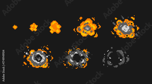 Pixel explosion sequence with orange fire and grey smoke for game sprite animation. Motion frames, progressive blast stages from small spark to dissipating clouds. Retro arcade effect assets.