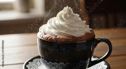 A steaming hot chocolate or mug cake in a dark ceramic cup, topped with a generous swirl of whipped cream.