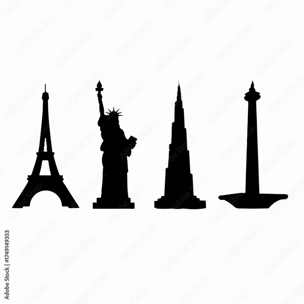 Obraz premium A minimalist set of world landmark silhouettes featuring iconic monuments, perfect for travel posters, education materials, graphic design, branding, and global tourism projects.
