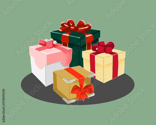 A collection of beautifully wrapped gift boxes with ribbons and bows perfect for holiday designs, celebration cards, event posters, and festive packaging illustrations.