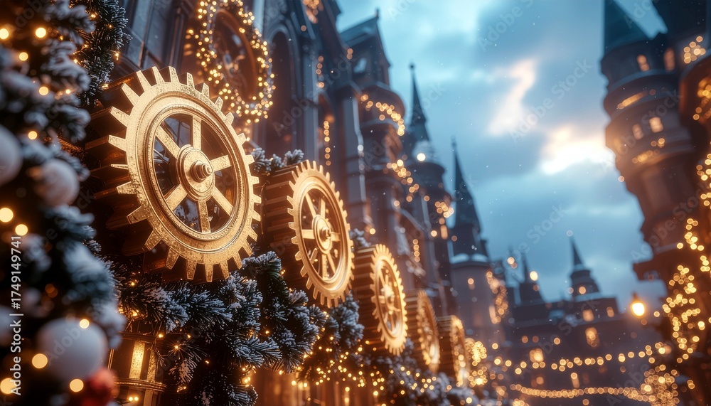 Fototapeta premium Golden Steampunk Gears and Warm Christmas Lights on a Gothic City Building