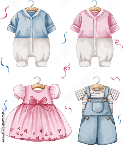Baby Shower and Gender Reveal Clipart Collection Set Clothes for Baby Boy and Baby Girl