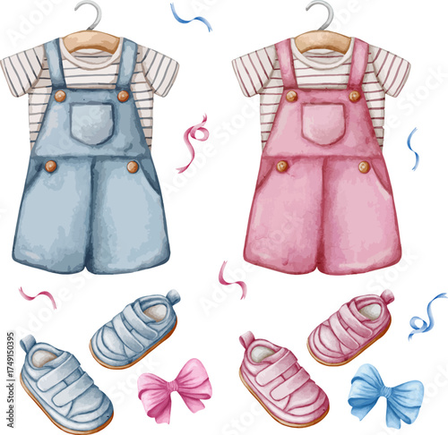 Baby Shower and Gender Reveal Clipart Collection Set Clothes for Baby Boy and Baby Girl