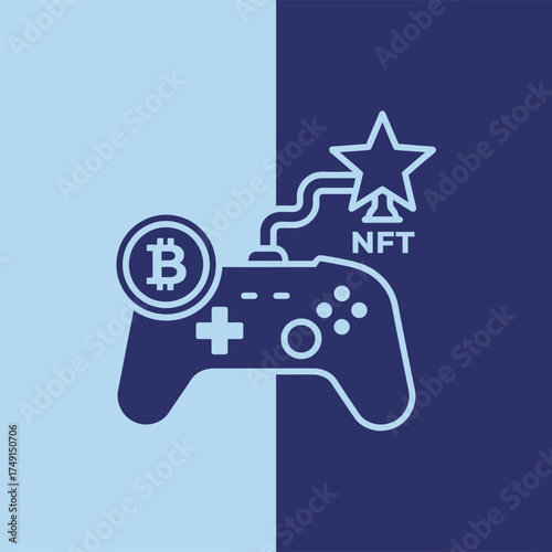 Video game controller connected to a star with NFT and Bitcoin symbols, representing the intersection of gaming and cryptocurrency