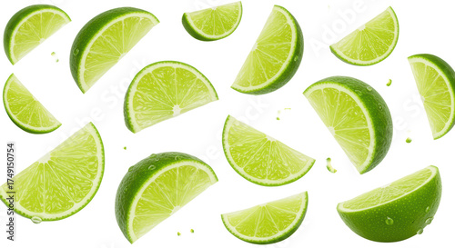 Dynamic bright green lime wedges, juicy, translucent pulp and zest, with glistening moisture, falling mid-air on a transparent background with copy space, concept for refreshing beverage