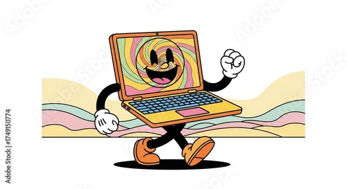 Cartoon laptop character with a smiling face and legs, walking with a colorful screen background.