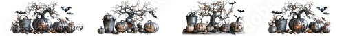 A spooky halloween scene featuring gravestones, bare trees, and bats flying in the night sky, isolated on transparent background, perfect for holiday designs