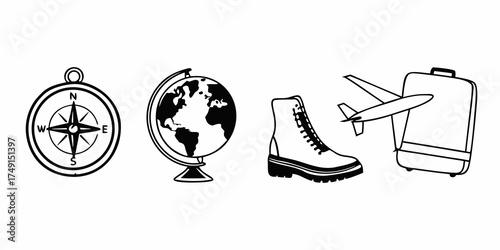 A compass globe boot airplane and suitcase are displayed in a monochrome travel themed illustration