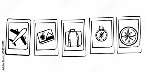 Illustrations of travel icons including a plane, camera, suitcase, and compass in photo frames