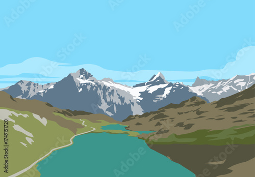 Mountain Landscape with Lake Vector Illustration