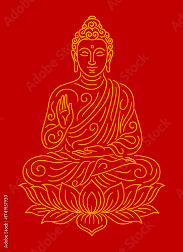 Elegant line art of Lord Buddha seated on lotus in meditation pose on red background, buddha, meditation, peace, spiritual, buddhism, gold, divine, enlightenment, art, calm, religion