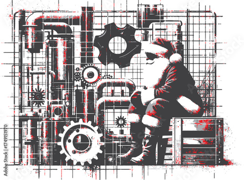  A stylized black-and-white illustration of Santa seated among complex pipes, gears and industrial equipment. The festive figure contrasts with the harsh mechanical backdrop