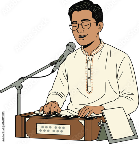 Young South Asian Musician Singing Passionately and Playing the Harmonium for a Classical Performance