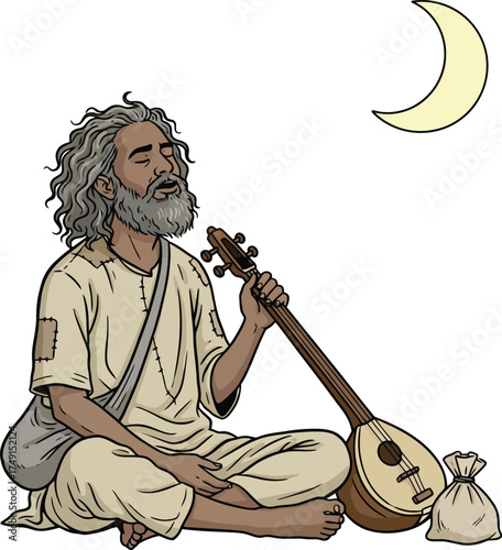 Spiritual Baul Mystic Folk Singer from Bengal Playing the Ektara Under the Crescent Moon