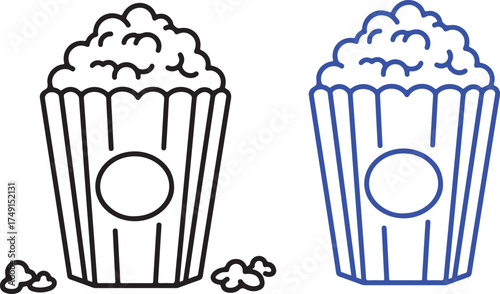 Black and blue popcorn bucket icons with scattered kernels container snack