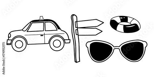 Outlined car, signpost, sunglasses, and life preserver create a summer travel themed illustration