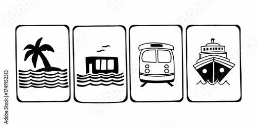 Four icons depicting travel methods: island, house boat, train, and ship in black and white style