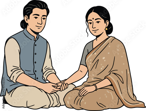 Tender and Affectionate South Asian Couple in Traditional Attire Sitting and Holding Hands