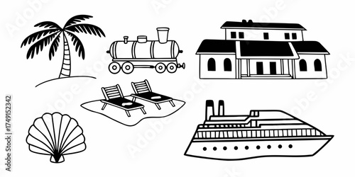 Illustration showing vacation elements including palm tree train beach chairs house and cruise ship