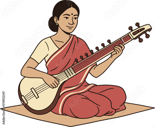 Graceful Indian Woman Musician in a Red Sari Playing the Sitar Classical Instrument