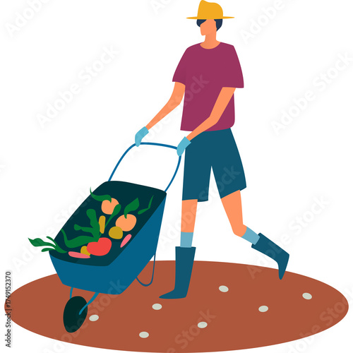 Man Pushing Wheelbarrow Full of Vegetables and Fruits Outdoors During Daytime with a Yellow Hat and Blue Overalls