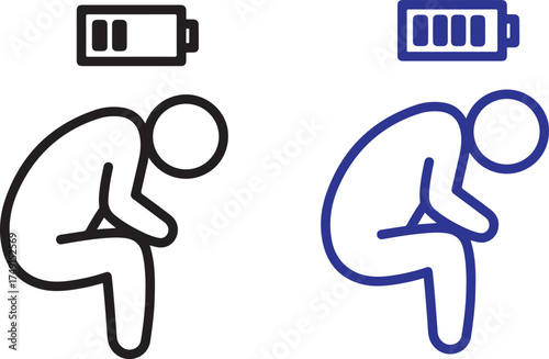 Two figures with low and full battery icons black and blue low battery energy