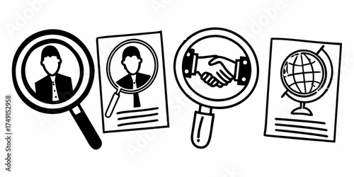Magnifying glasses over people, handshake, and globe drawings in black and white line art style