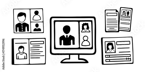 Illustration of a computer screen displaying a video call with profiles and documents around it
