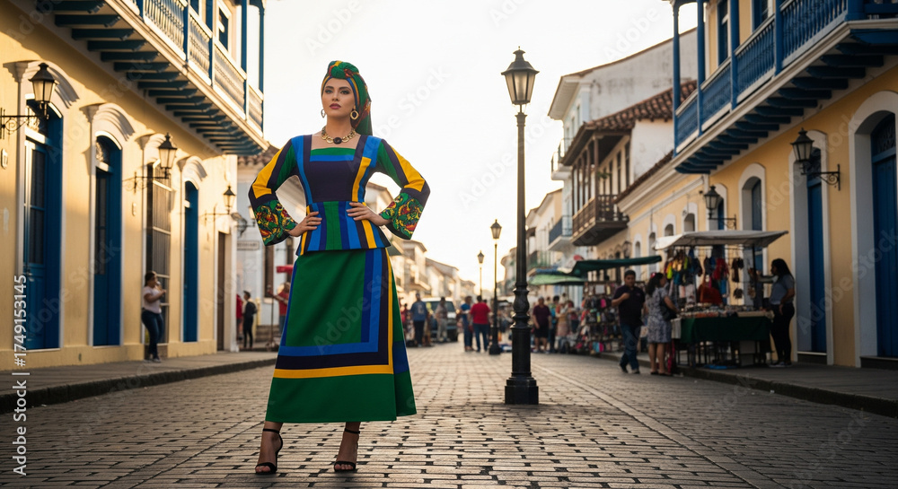 Fototapeta premium Woman in traditional colorful attire posing on a cobblestone street in a historic town