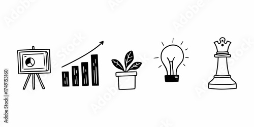 Doodle style illustration showing a presentation chart, growth bar, plant, bulb and chess queen piece