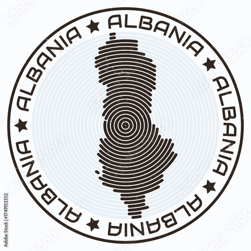 Albania map with round title. Country shape rings. Albania text around the country boundary shape. Modern vector illustration.