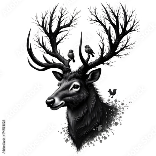 Black Deer with Tree Antlers Illustration: An artful black and white illustration features a majestic deer with intricate tree-like antlers, complemented by delicate birds.