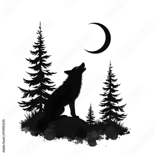 Silhouette of Howling Wolf Under Moon: An evocative silhouette captures a lone wolf serenading the night sky, its mournful howl echoing through a tranquil forest.
