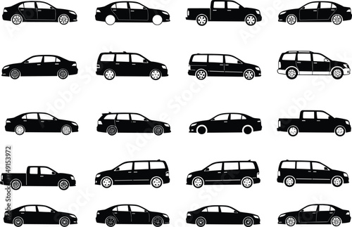 Black vehicle silhouette set, sedan, pickup truck, minivan profile icons, automotive vector illustration, transport design, side view car collection