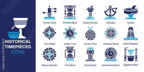 Historical Timepieces icon set. Containing retro, historic, ancient, historical, architecture and more. Solid vector icons collection. Vector illustration.