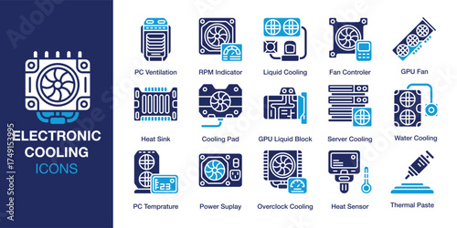 Elektronic Cooling icon set. Containing industry, equipment, hardware, heat, device and more. Solid vector icons collection. Vector illustration.