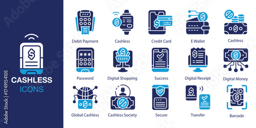 Cashless icon set. Containing money, technology, wireless, mobile, transfer and more. Solid vector icons collection. Vector illustration.